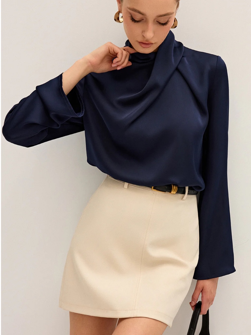 NWT Commense Satin Draped High Neck Blouse! Size S Navy